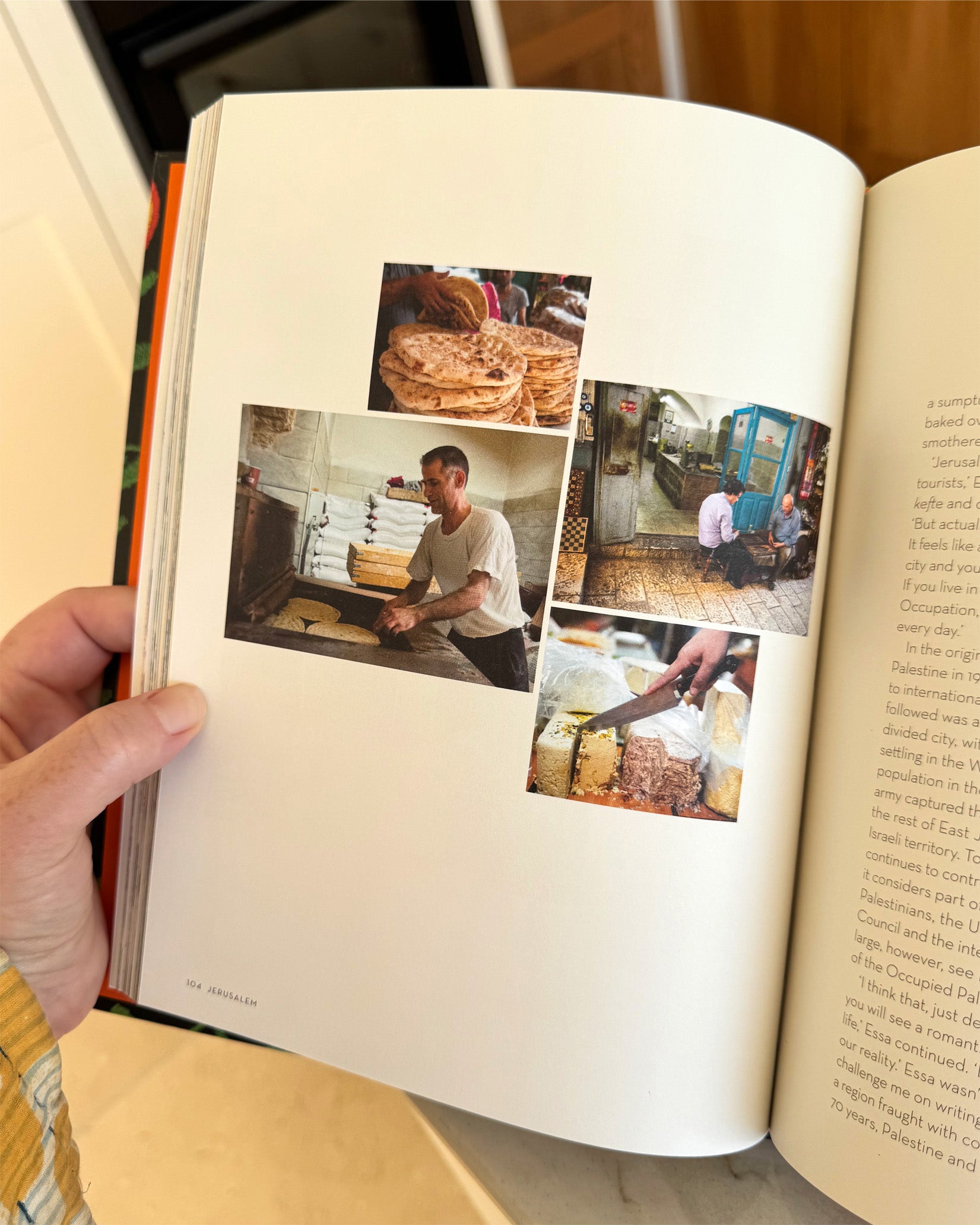 A page from the Zaitoun Palestinian Cookbook by activist and author Yasmin Khan. The images inside show Palestinians making traditional food.