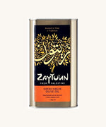 The Zaytoun Extra Virgin First Cold Pressed olive oil from Palestine, in a 1 litre tin. 