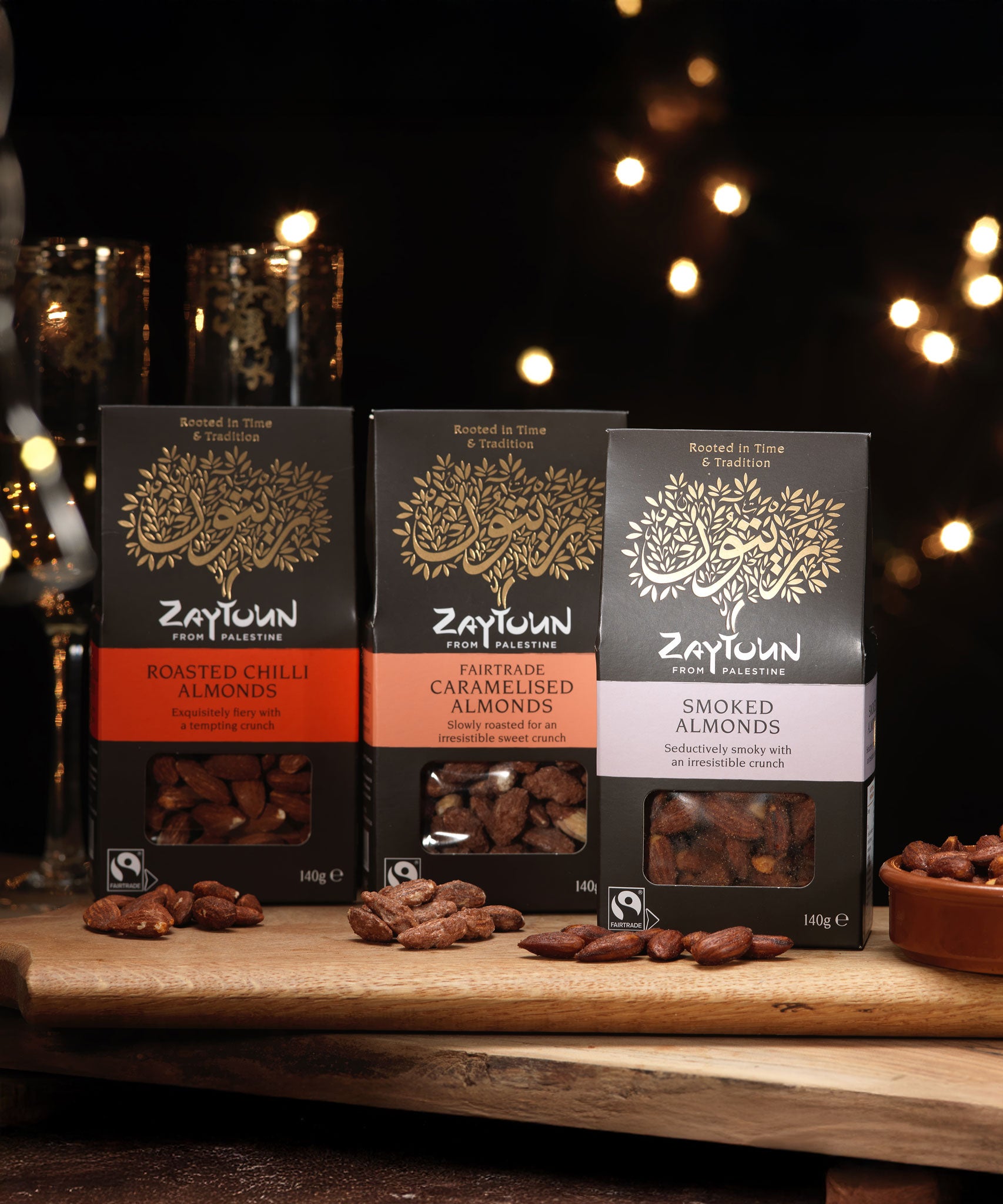 Zaytoun Fairtrade Palestinian Almonds in three different flavours, chilli, caramelised and smoked. We are proud stockists of Zaytoun olive oil and produce here at Babipur. 