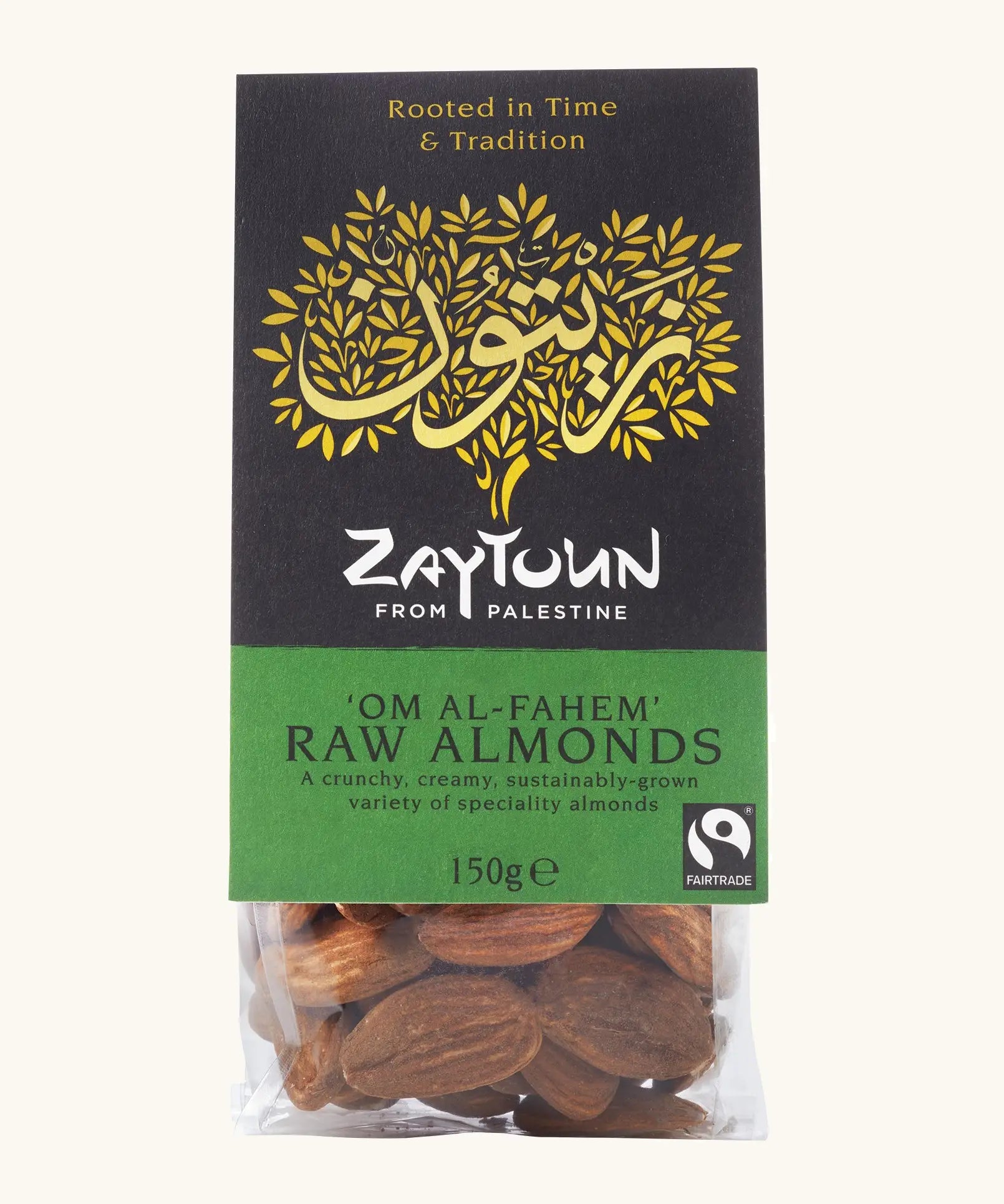 150g pack of Zaytoun raw almonds presented in a bag with a decorated black and green packaging