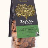 Side of the 150g pack of Zaytoun raw almonds presented in a bag with a decorated black and green packaging