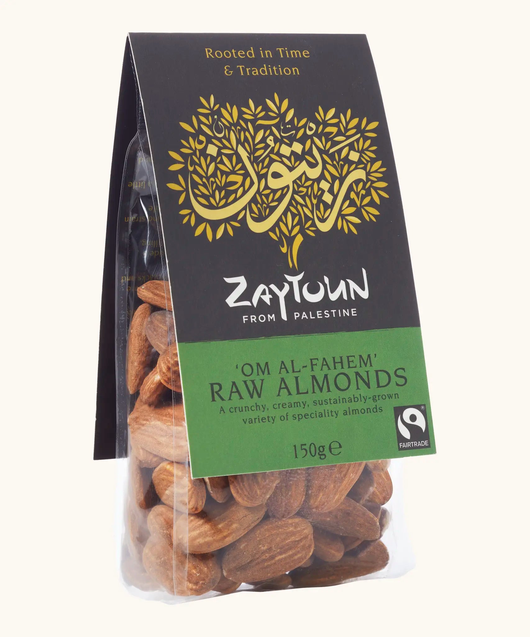 Side of the 150g pack of Zaytoun raw almonds presented in a bag with a decorated black and green packaging