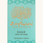 A bar of Sage Zaytoun Pure Olive Oil Soap in it's cardboard packaging box