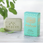 Zaytoun Sage Nablus Fair Trade Pure Olive Oil Soap 100g Bar pictured next to the cardboard packaging box. 