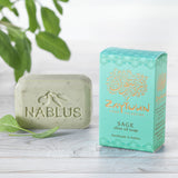 Zaytoun Sage Nablus Fair Trade Pure Olive Oil Soap 100g Bar pictured next to the cardboard packaging box. 