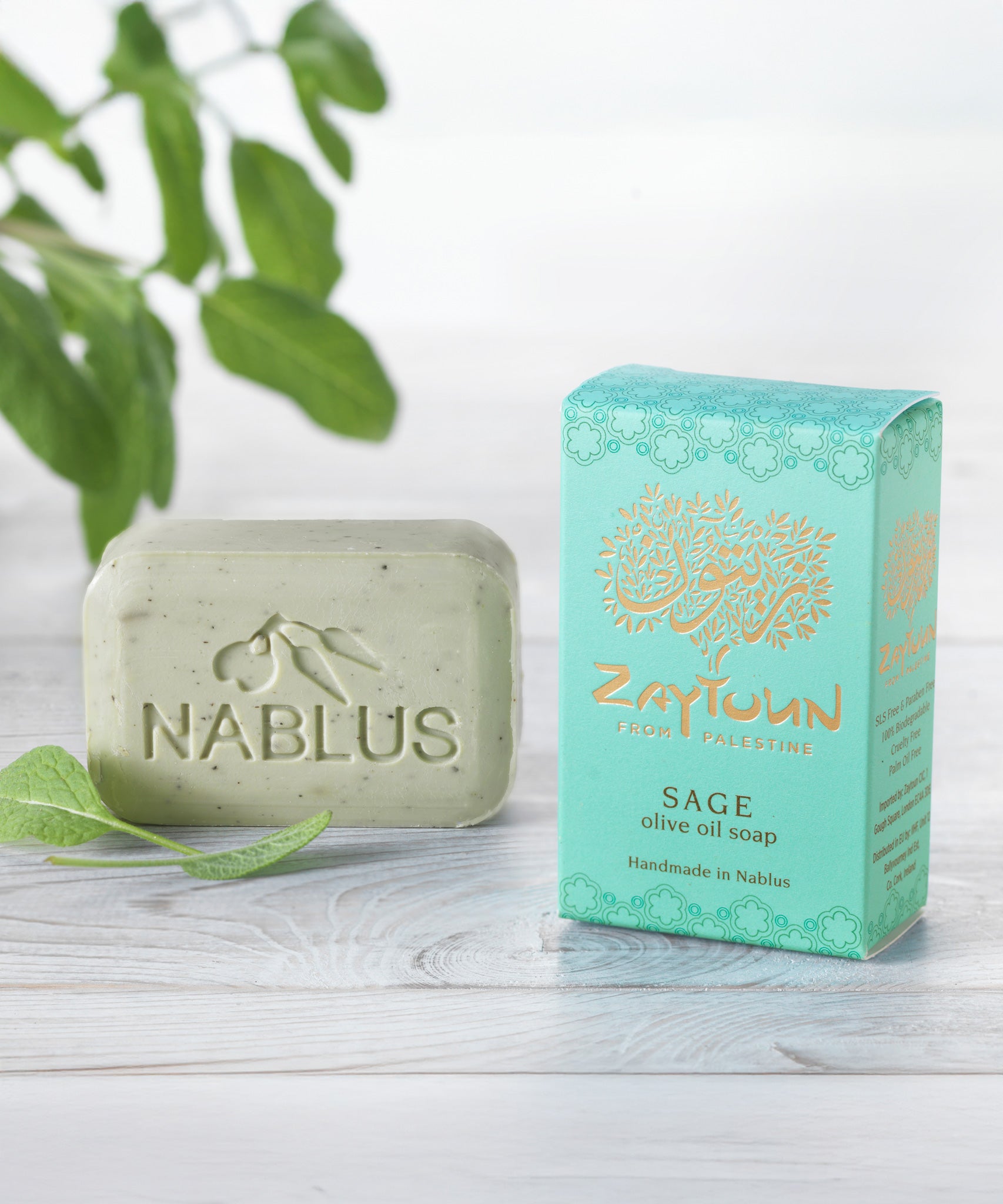 Zaytoun Sage Nablus Fair Trade Pure Olive Oil Soap 100g Bar pictured next to the cardboard packaging box. 